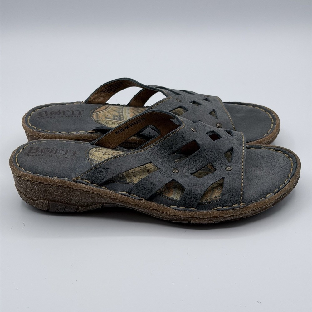 BORN Peace Blue‎ Grey Leather Slide Sandals Cutout Studded Comfort Flat Womens 9